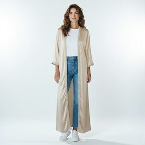 Pearl Trim Long Satin Jacket | Ivory Kimono Robe Coat | Elegant Minimalist, NWOT